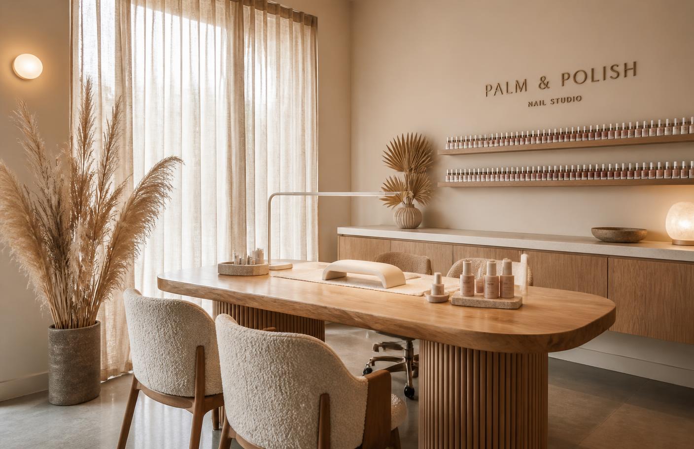 Warm, minimal nail studio interior with timber manicure table